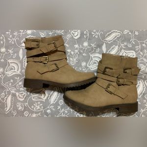 Brown strapped heeled boots